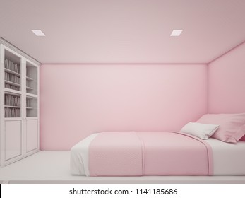 Girls´s Room In Pink Walls With Bed , 3d Rendering