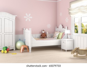 Girls´s  Room In Pink Walls With Bed And Toys On The Floor