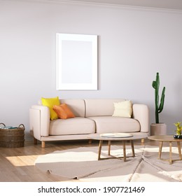 Room With Scandinavian Cozy Sofa, Side Tables And Wooden Floors. Empty Walls With A Frame Can Be Used For Art And Print Mockups, Interior Scene Mockups And Wallpaper Mockup Needs. 3D Rendering