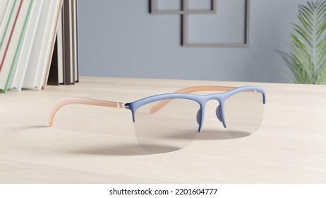 A room with a table on which lie glasses and books. 3D rendering