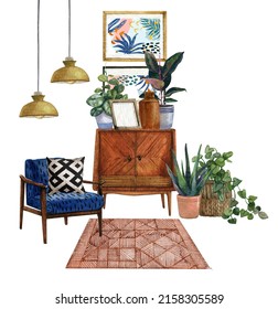 Room With A Tropical Houseplant, Rug,vintage Dresser, Armchair.Watercolor Illustration.Interior Bohemian  Background With Mid Century Modern Furniture,Interior Decor Scene.Housewarming Print.