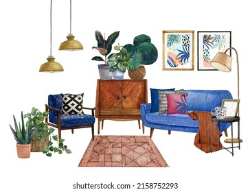 Room With A Tropical Houseplant, Rug,vintage Dresser, Armchair.Watercolor Illustration.Interior Bohemian  Background With Mid Century Modern Furniture,Interior Decor Scene.Housewarming Print.