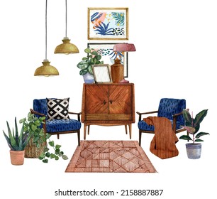 Room With A Tropical Houseplant, Rug,vintage Dresser, Armchair.Watercolor Illustration.Interior Bohemian  Background With Mid Century Modern Furniture,Interior Decor Scene.Housewarming Print.