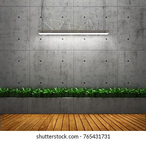 Room With A Wooden Floor And A Concrete Wall With A Niche For Plants. 3d Illustration