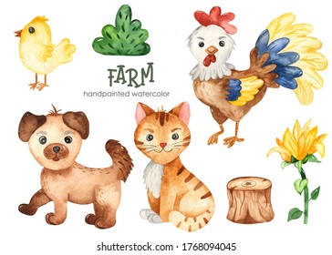 Rooster, Chicken, Cat, Dog, Log, Sunflower, Bush. Farm Watercolor Hand Drawn Clipart For Kids