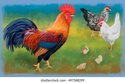 Rooster With Chickens. Digital Painting.