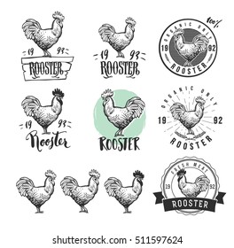 Rooster. Cock. Chicken product logotypes set. Hen meat and eggs vintage produce elements. Badges and design elements for the chicken manufacturing.  - Powered by Shutterstock