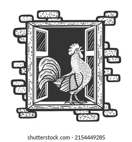 rooster cock crows sings in window of house sketch engraving raster illustration. T-shirt apparel print design. Scratch board imitation. Black and white hand drawn image.