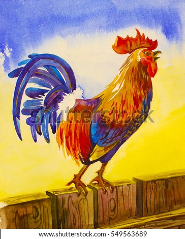 Rooster (cock) in yellow sunrise light symbol of the year. Colorful, sitting on a fence and screaming cock-a-doodle-doo in the morning. Hand-drawn watercolor design for posters, postcards