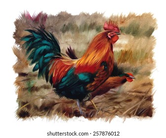 Rooster Oil Painting Torn Edges Vintage