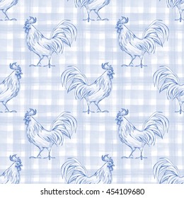 Rooster. Seamless Pattern 1. Checkered Background. Plaid