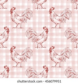 Rooster. Seamless Pattern 2. Checkered Background. Plaid