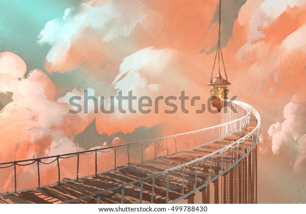 rope bridge leading to the hanging lantern in a\
clouds,illustration\
painting