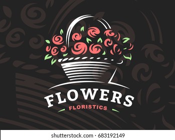 Rose Basket Logo -  Illustration, Emblem Design On Dark Background