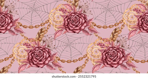 Rose burgundy gothic with leaves, buds, feathers, grass, chains, gears and cobwebs pattern on a pink background watercolor illustration. Halloween, Day of the Dead, steampunk, botanical decoration 