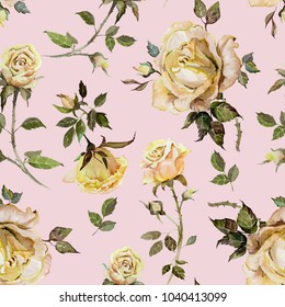 Rose flower on a twig. Seamless floral pattern.  Watercolor painting. Hand drawn illustration.