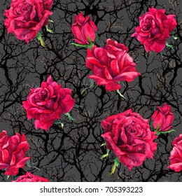 Rose Flowers And Branches. Seamless Gothic Pattern At Dark Background. Watercolor