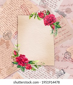 Rose Flowers And Wild Grass On Textured Aged Paper Background With Hand Written Letters, Postal Stamps. Watercolor Retro Post Card, Blank Design. Text Lorem Ipsum, I Love You Notes In Various Language