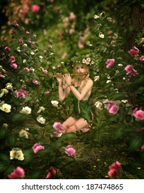 in a rose garden a girl is playing the flute, 3d computer graphics