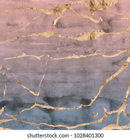 Rose Gold Foil Marble Design Overlaid On Hand Painted Ombre Watercolor Texture In Pale Pink And Blue Tones.