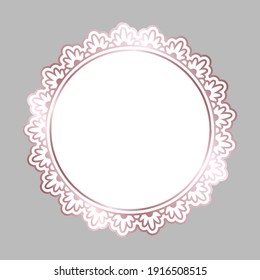 Rose Golden Shiny Glowing Round Ornate Frame Isolated Over Light Gray Background. Pink Metal Luxury Elegant Blank Border.