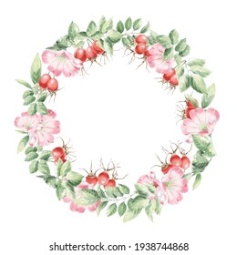 Rose Hip Frame For The Tea Naming, Circle Wreath Rose Hip Gift Card, Floral, Berries Illustration. Tea Label Concept. Rounded Flower And Briar Fruit Border Pattern Isolated On White.