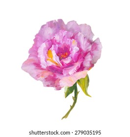 Rose Isolated On White, Oil Painting On Canvas