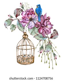 Rose with leaves, a bird and a cage. isolated on white background. Watercolor illustration