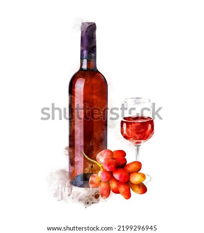 Rose red wine splashed bottle with  wine glass, red grapes brunch, fruits, figs and cheese watercolor illustraton. For food and drink designs. Wine menu and wine card closeup realistic design.