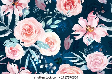 Rose Seamless Pattern With Watercolor On Blue Background.Designed For Fabric Luxurious And Wallpaper, Vintage Style.Hand Drawn Floral Pattern Illustration.Rose Garden.Pink Flower Bouquet.