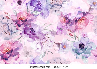 Rose Seamless Pattern With Watercolor.Designed For Fabric And Wallpaper, Vintage Style.Hand Drawn Floral Pattern Illustration.Blooming Flower Painting For Summer.Botany Background.