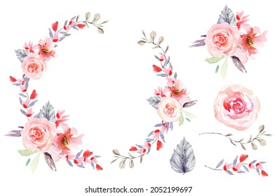 Rose Wreath Painted In Watercolor.Elegant Floral Collection With Isolated Rose, Flower Arrangements Of Roses, Hand Drawn Watercolor.Design For Invitation, Wedding Or Greeting Cards.floral Ring.