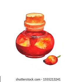 Rosehip Syrup In A Jar On Background Watercolor