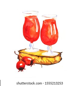 Rosehip Syrup In Two Glass... Background Watercolor