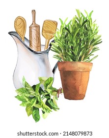 Rosemary In A Pot, Basil And Kitchen Utensils. Vintage Kitchen Themed Illustration. Kitchen Herbs For Spices. Cooking Concept Clipart. Design For Cooking Book,receipt,menu Pages.