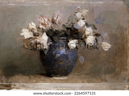 Roses (1890) painting in high resolution by Abbott Handerson Thayer. Oil on canvas painting of roses in a vase. 