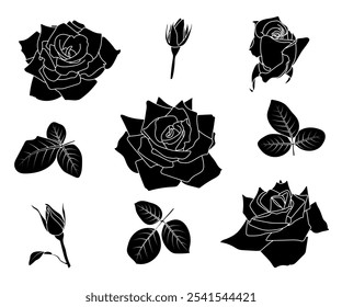 Roses black solid shapes collection. Pointed petals. Simple floral shapes design elements. Half open, fully open, button, leaves. Black line contour, isolated. Coloring book page, line art, Valentine - Powered by Shutterstock