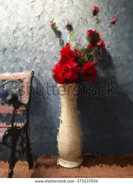 Roses Flowers Tall Vase On Wall Stock Illustration 375637036