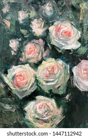 Roses Garden, Impressionistic Painting. Original Artwork, Oil On Canvas