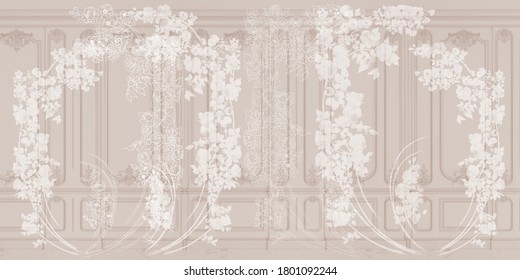 Roses Painted On The Wall In The Baroque, Rococo Style.  A Plot With Flowers For Mural, Wallpaper, Photo Wallpaper, Painting, Postcard, Card.