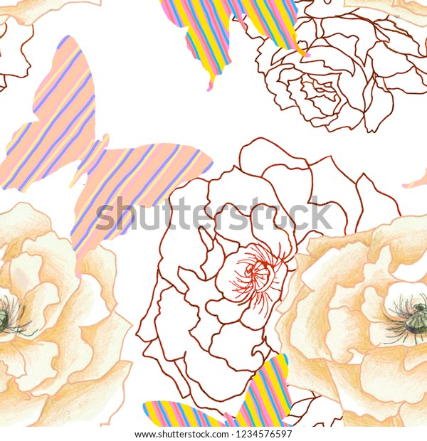 Roses Pencil Drawing Yellow Butterflies On The Arts