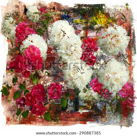 Roses and peonies and roses, mixed media and abstract painting