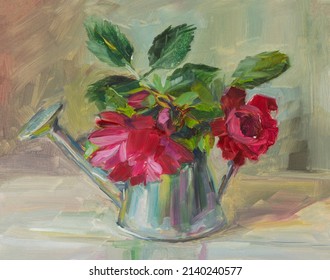 Roses in a vase painting. Summer bouquet of fragrant raspberry roses with oil paints. Original author's painting, illustration for the design of the covers of notebooks sketchbooks albums creativity