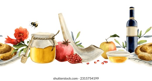 Rosh Hashanah horizontal seamless banner with honey, shofar, wine, round challah, apple and pomegranate fruit and flowers watercolor illustration isolated on white background for Jewish New Year - Powered by Shutterstock