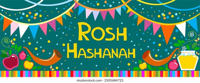 Rosh hashanah (jewish New Year holiday) concept. Traditional symbols. Template for postcard or invitation card, poster, banner. Horizont banner. Greeting, invitation card or flyer. illustration - Powered by Shutterstock