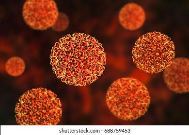 Ross River Virus, 3D Illustration. An RNA Mosquito-borne Alphavirus Which Causes Tropical Disease Ross River Fever, Or Epidemic Polyarthritis, Endemic To Australia And Islands In The South Pacific