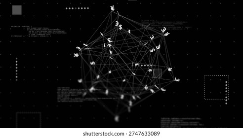 Rotating centered 3D wireframe network pulsing against black backdrop, with currency symbols. 3d, data, grid, finance, digital, fintech, abstract