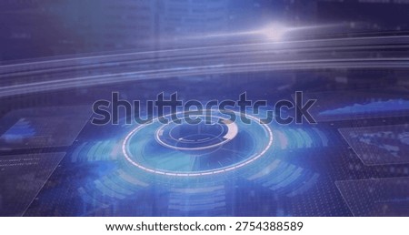 Rotating central circular HUD hovering on virtual dashboard, showing segmented arc and panels. Holographic, interface, futuristic, dataviz, graphs, grid, waveform
