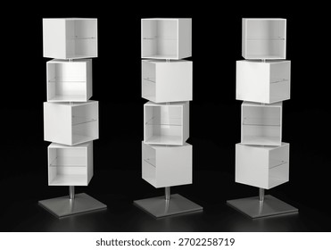 Rotating cube display stand with four cube-shaped tiers stacked vertically on pedestal base. 3d illustration on black background