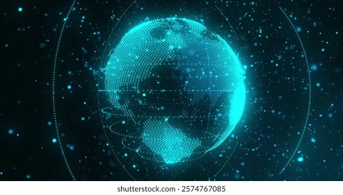 Rotating digital globe with data points and lines, futuristic network image. technology, connections, world, information, cyber, communication